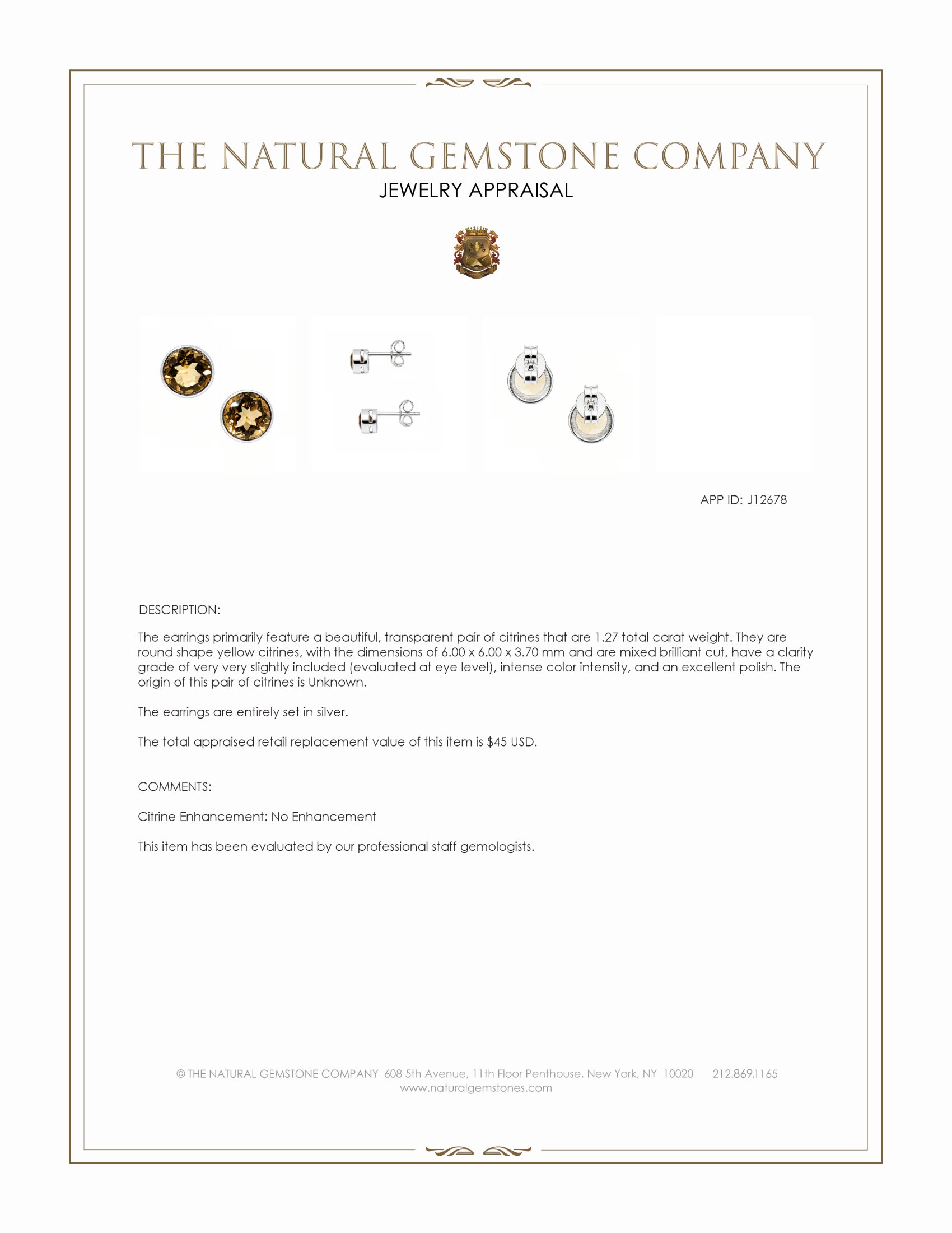 1.27 Ct.Tw. Yellow Citrine Studs Earrings, Silver
