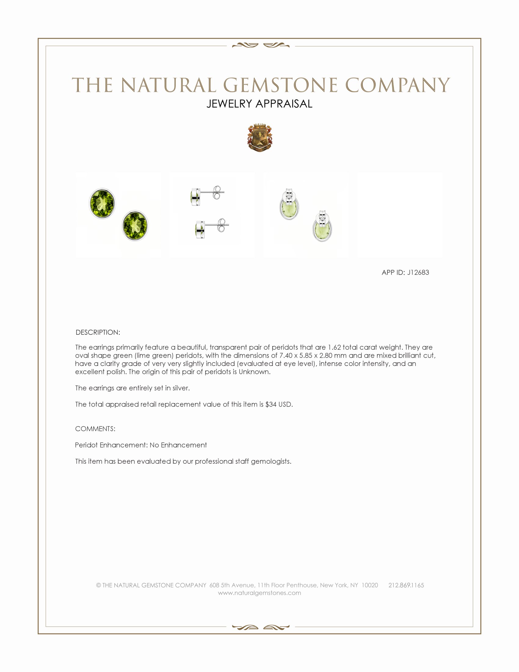 1.62 Ct.Tw. Green (Lime Green) Peridot Studs Earrings, Silver