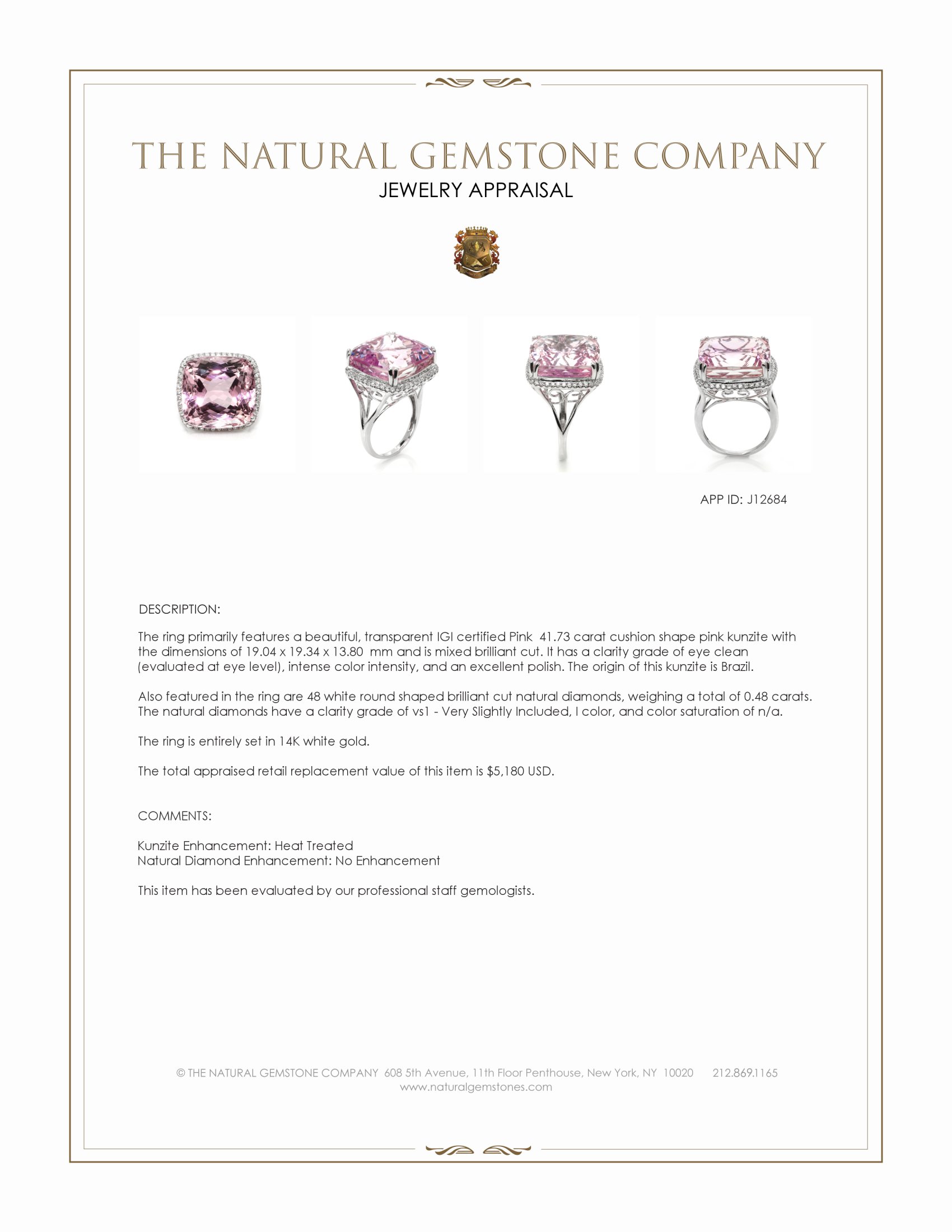 41.73 Ct. Pink Kunzite and Natural Diamond Halo Ring, 14K White Gold