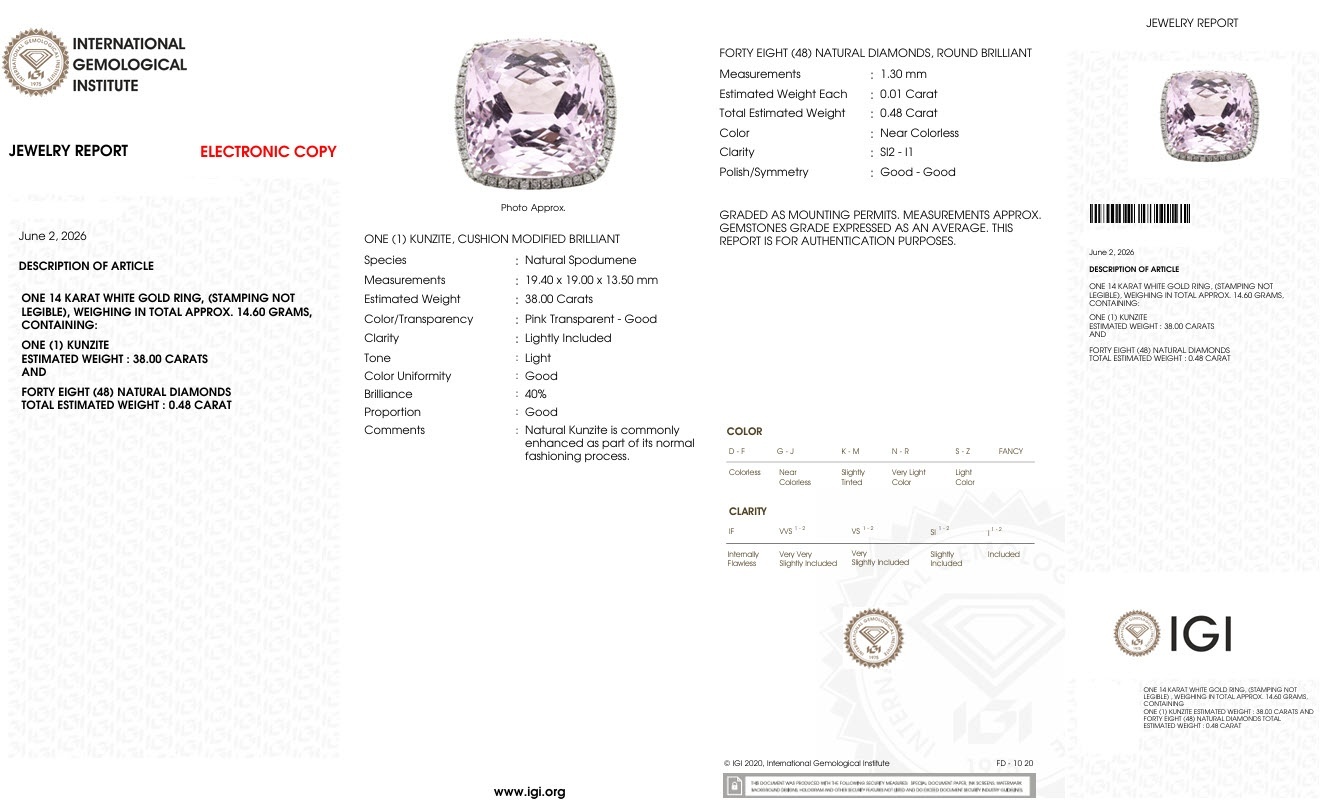 41.73 Ct. Pink Kunzite and Natural Diamond Halo Ring, 14K White Gold