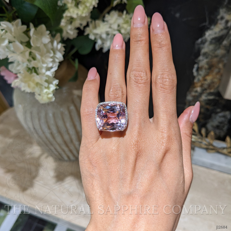 41.73 Ct. Pink Kunzite and Natural Diamond Halo Ring, 14K White Gold