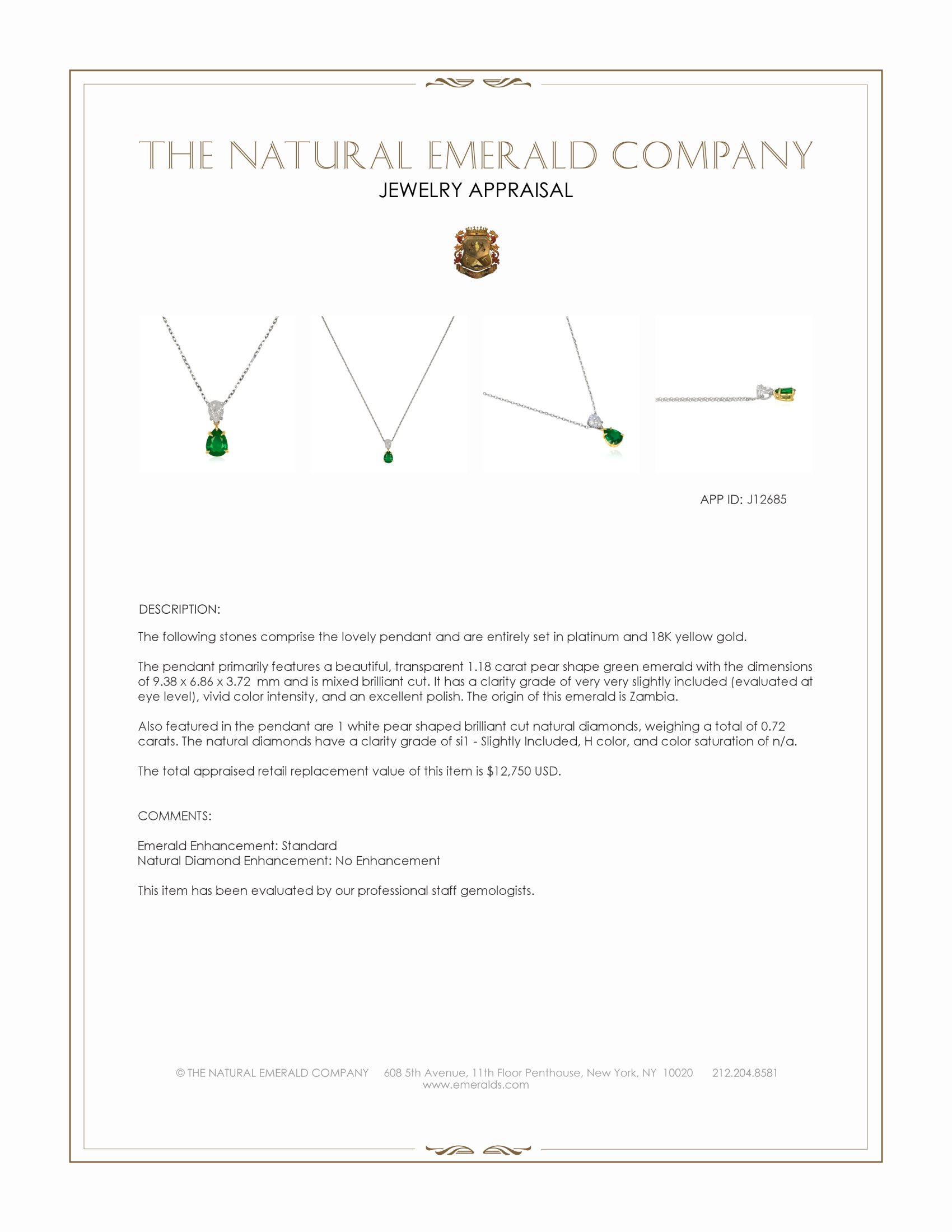 1.18 Ct. Emerald and Natural Diamond Accent Stones Pendant, Platinum & 18K Yellow