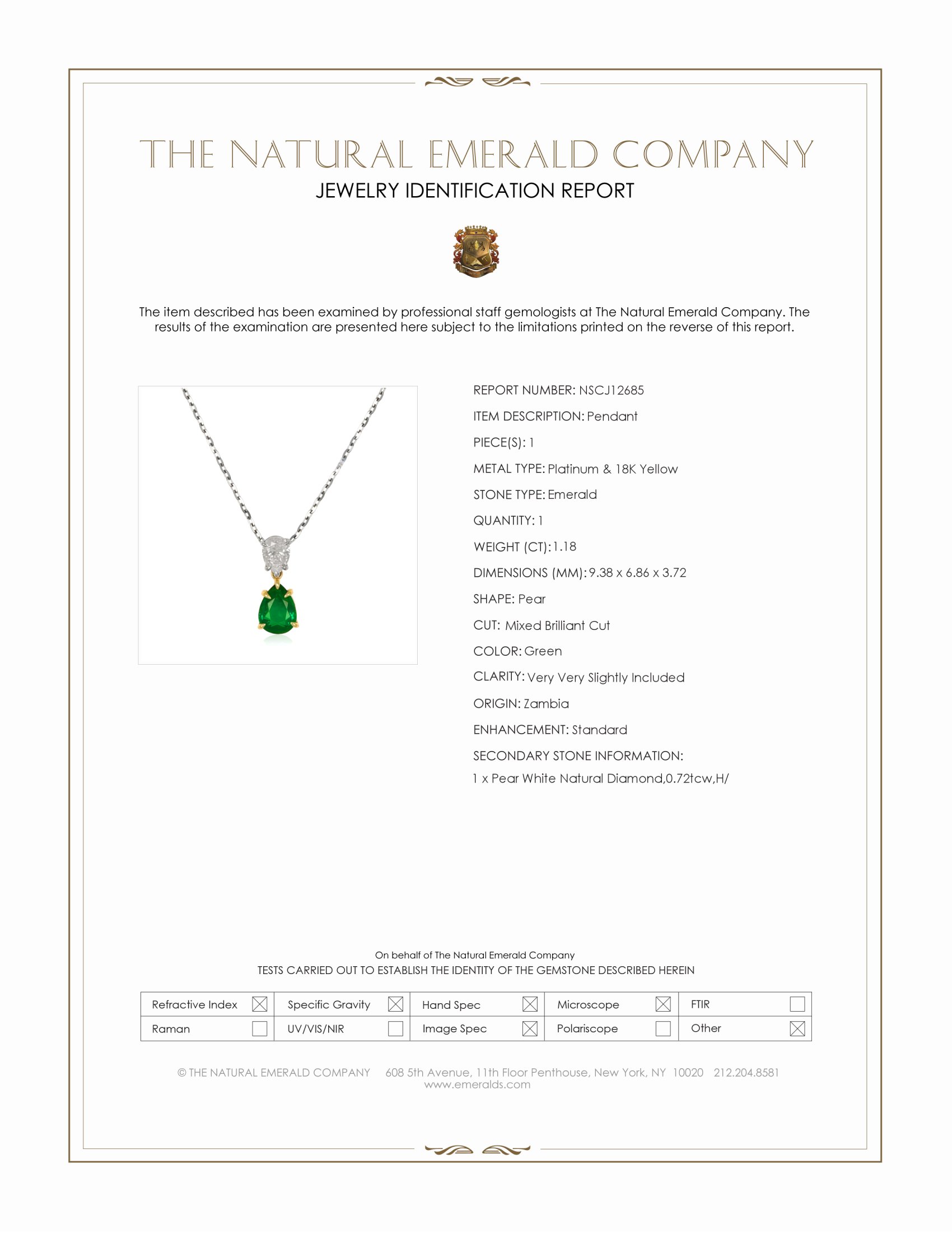 1.18 Ct. Emerald and Natural Diamond Accent Stones Pendant, Platinum & 18K Yellow