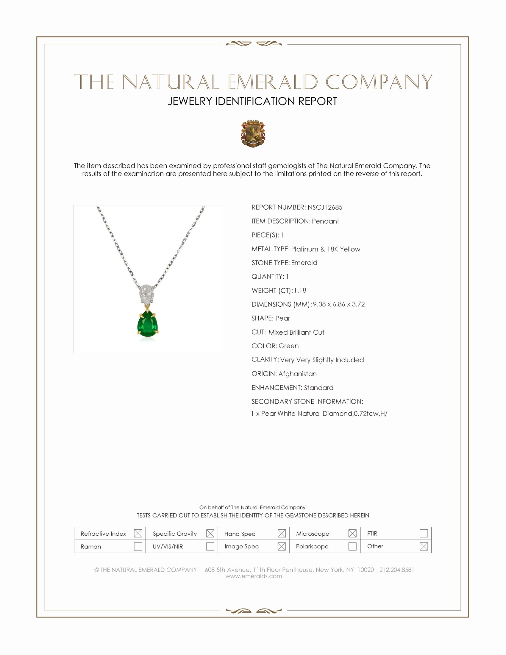 1.18 Ct. Emerald and Natural Diamond Accent Stones Pendant, Platinum & 18K Yellow