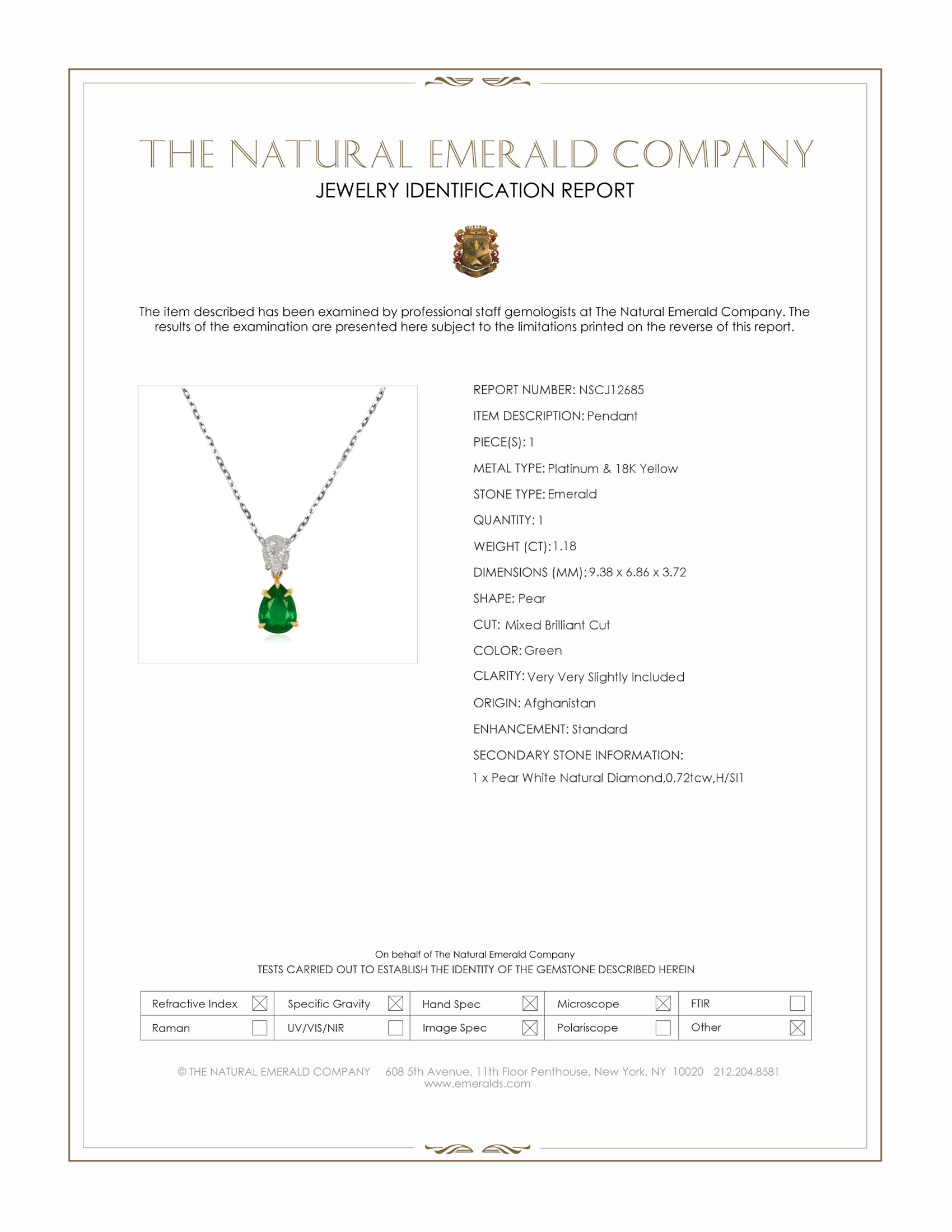 1.18 Ct. Emerald and Natural Diamond Accent Stones Pendant, Platinum & 18K Yellow