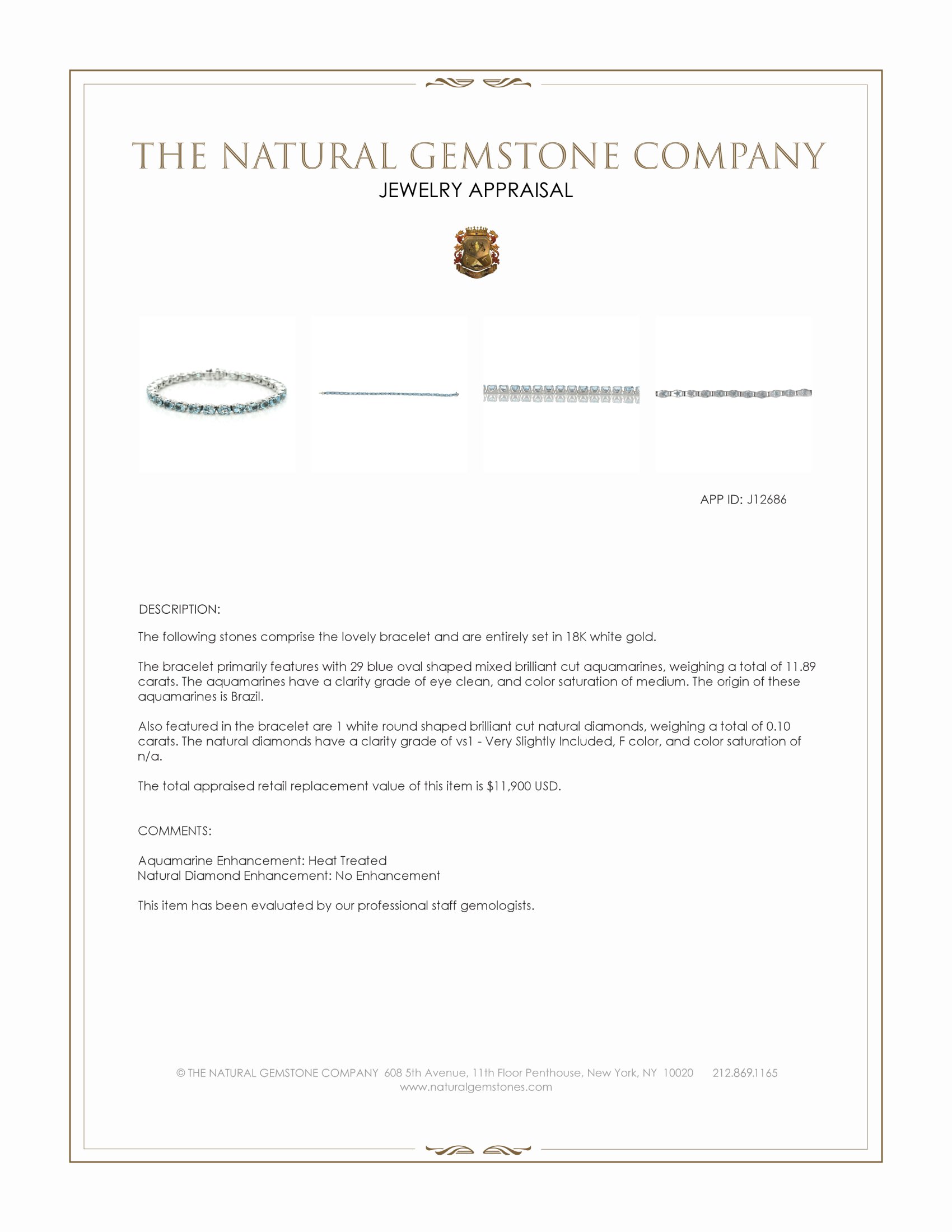 11.89 Ct.Tw. Blue Aquamarine and Natural Diamond Tennis/Line Bracelet, 18K White Gold