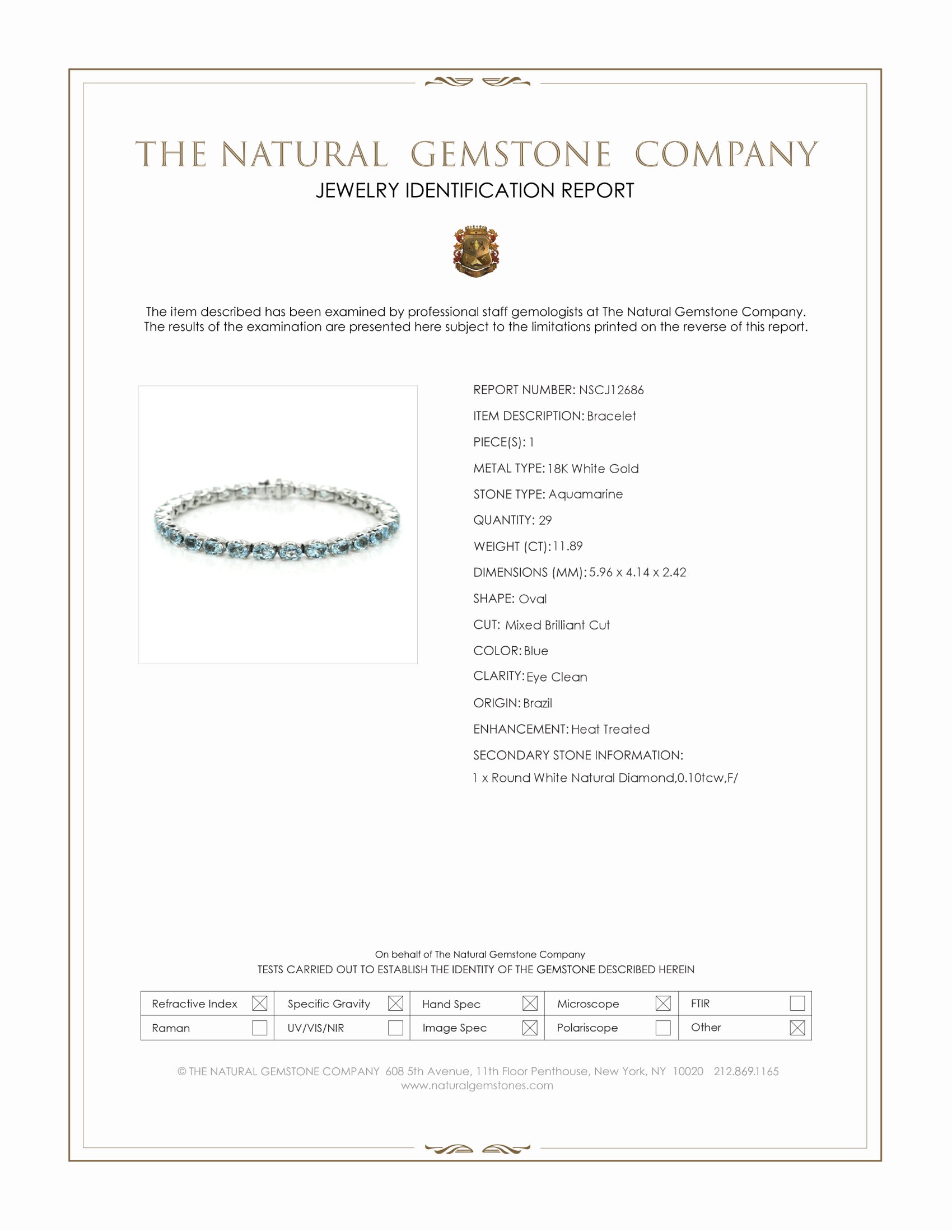 11.89 Ct.Tw. Blue Aquamarine and Natural Diamond Tennis/Line Bracelet, 18K White Gold