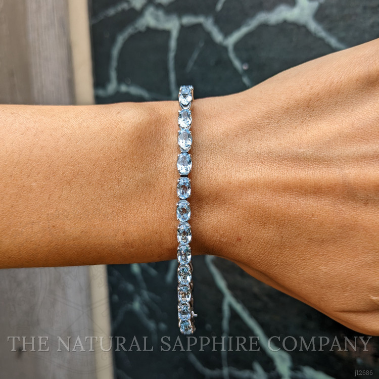 11.89 Ct.Tw. Blue Aquamarine and Natural Diamond Tennis/Line Bracelet, 18K White Gold