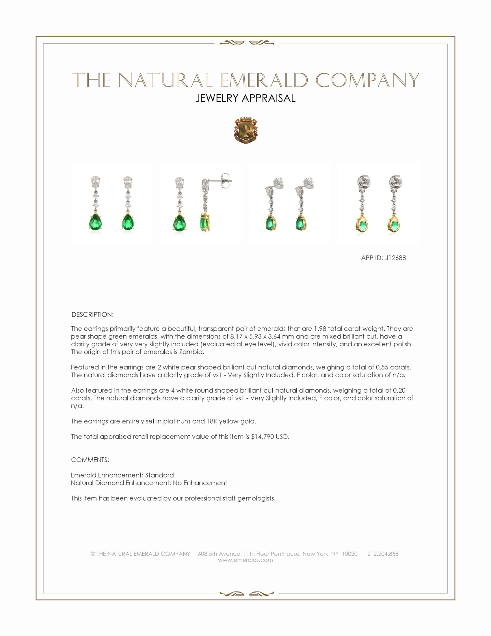 1.98 Ct.Tw. Emerald and Natural Diamond Drops Earrings, Platinum & 18K Yellow