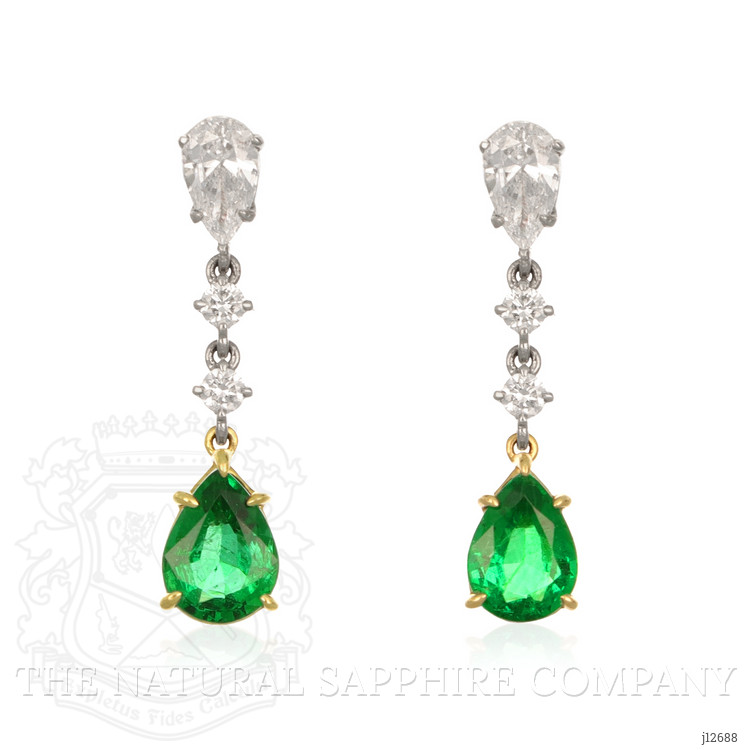 1.98 Ct.Tw. Emerald and Natural Diamond Drops Earrings, Platinum & 18K Yellow