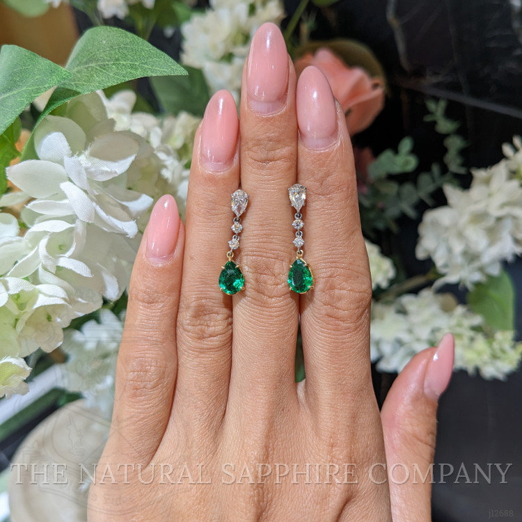 1.98 Ct.Tw. Emerald and Natural Diamond Drops Earrings, Platinum & 18K Yellow