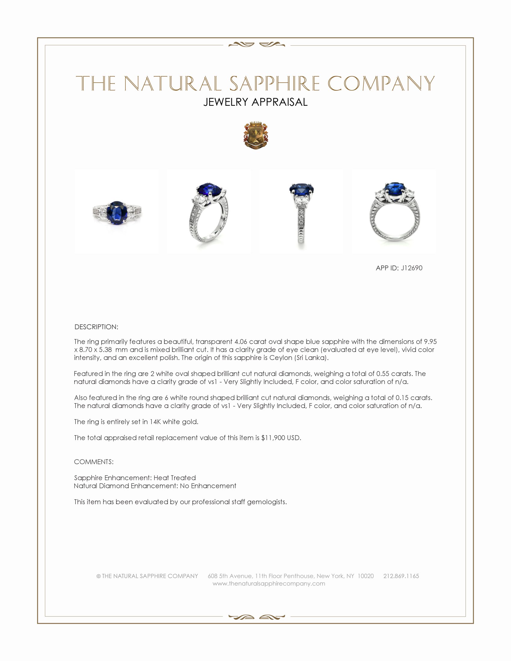 4.06 Ct. Blue Sapphire and Natural Diamond Pave Ring, 14K White Gold