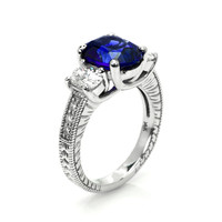 4.06 Ct. Blue Sapphire and Natural Diamond Pave Ring, 14K White Gold Image