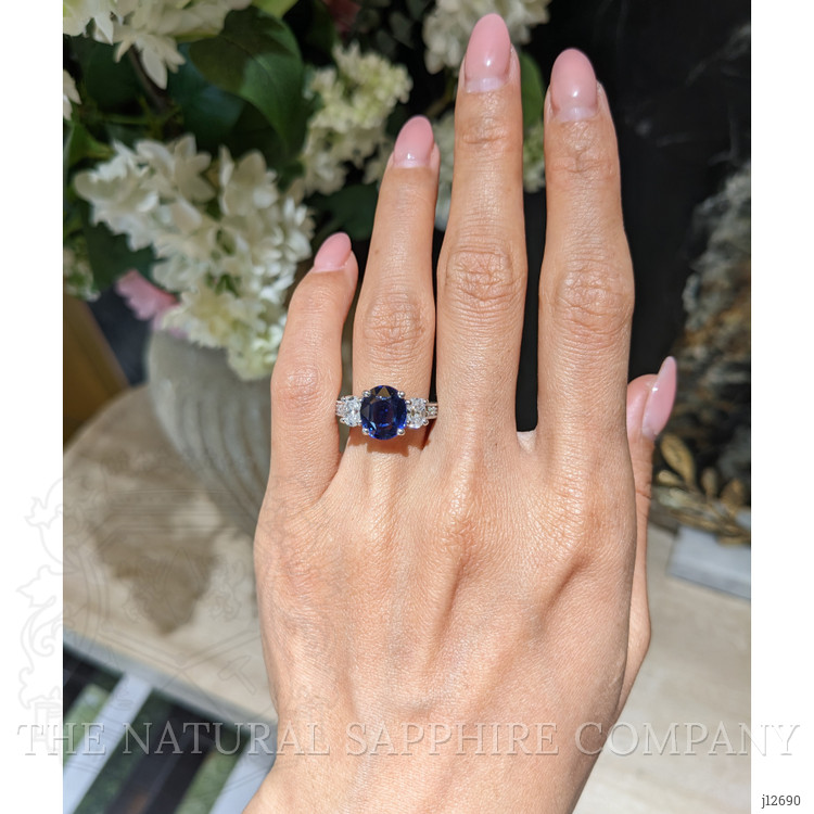 4.06 Ct. Blue Sapphire and Natural Diamond Pave Ring, 14K White Gold