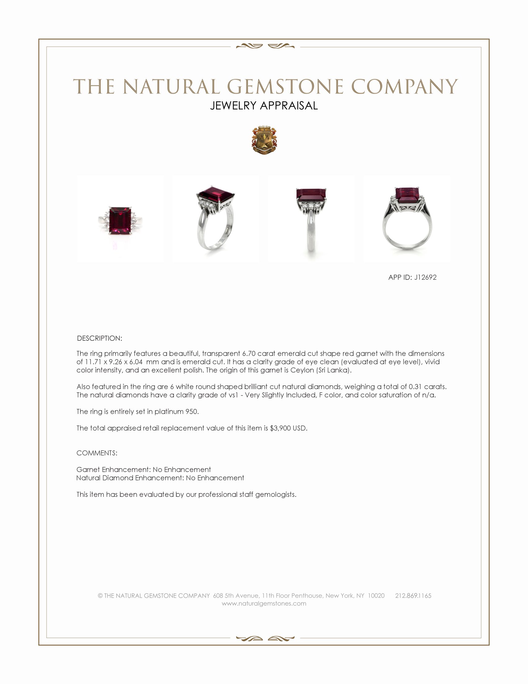 6.70 Ct. Red Garnet and Natural Diamond Pave Ring, Platinum 950