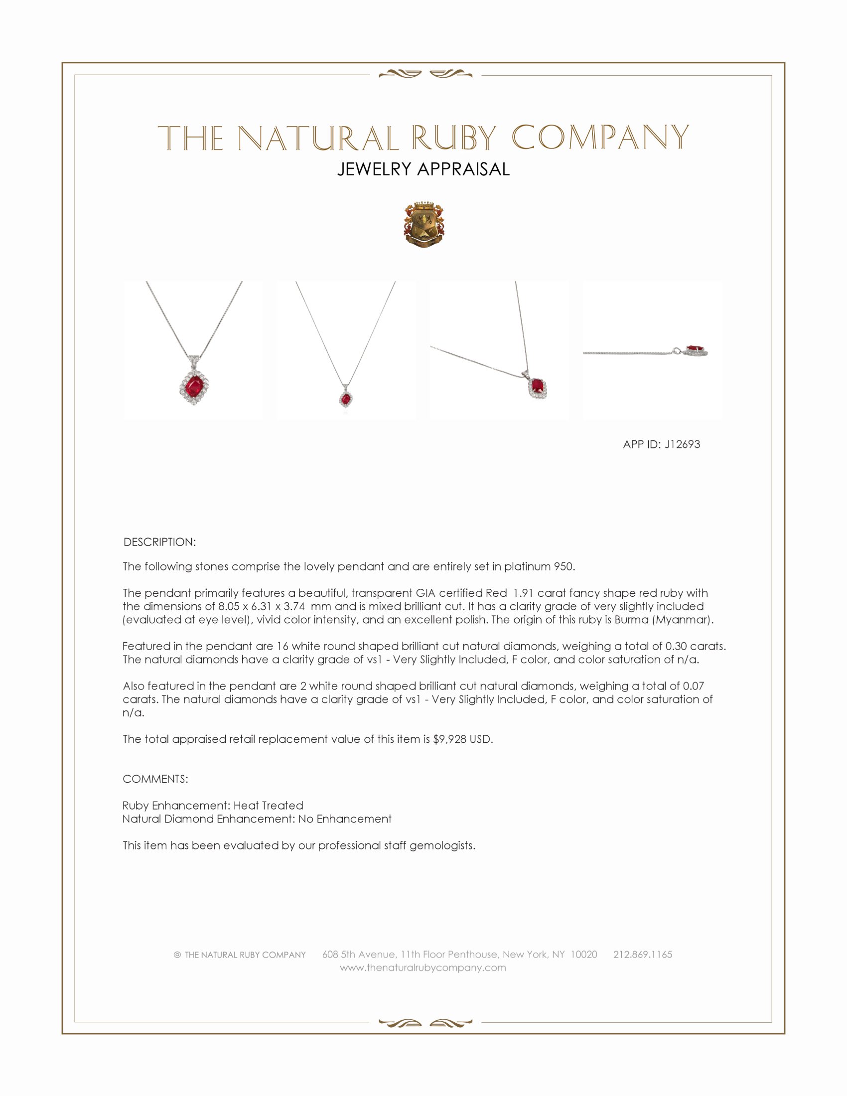 1.91 Ct. Ruby and Natural Diamond Pave Pendant, Platinum 950