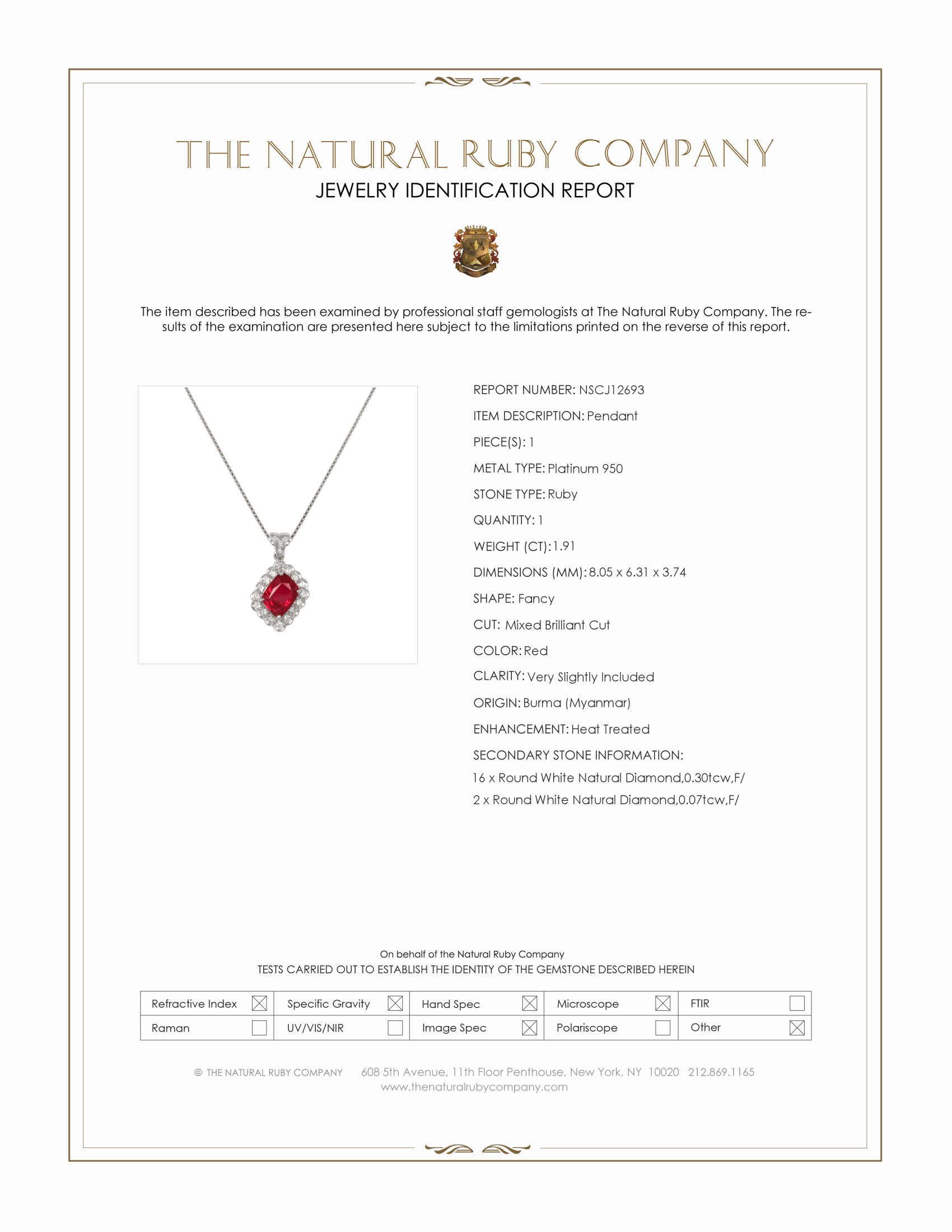 1.91 Ct. Ruby and Natural Diamond Pave Pendant, Platinum 950