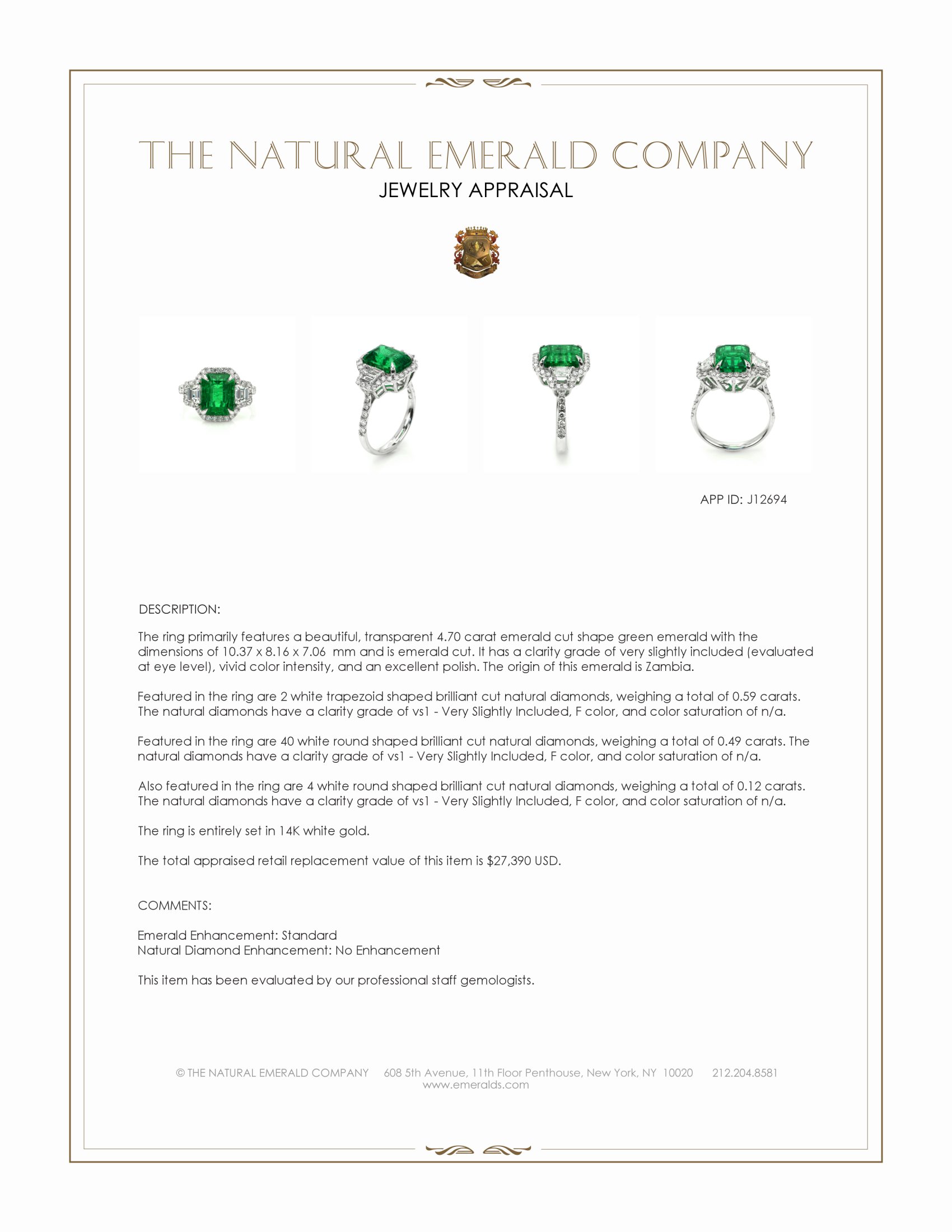 4.70 Ct. Emerald and Natural Diamond Pave Ring, 14K White Gold
