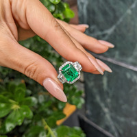 4.70 Ct. Emerald and Natural Diamond Pave Ring, 14K White Gold Life Style