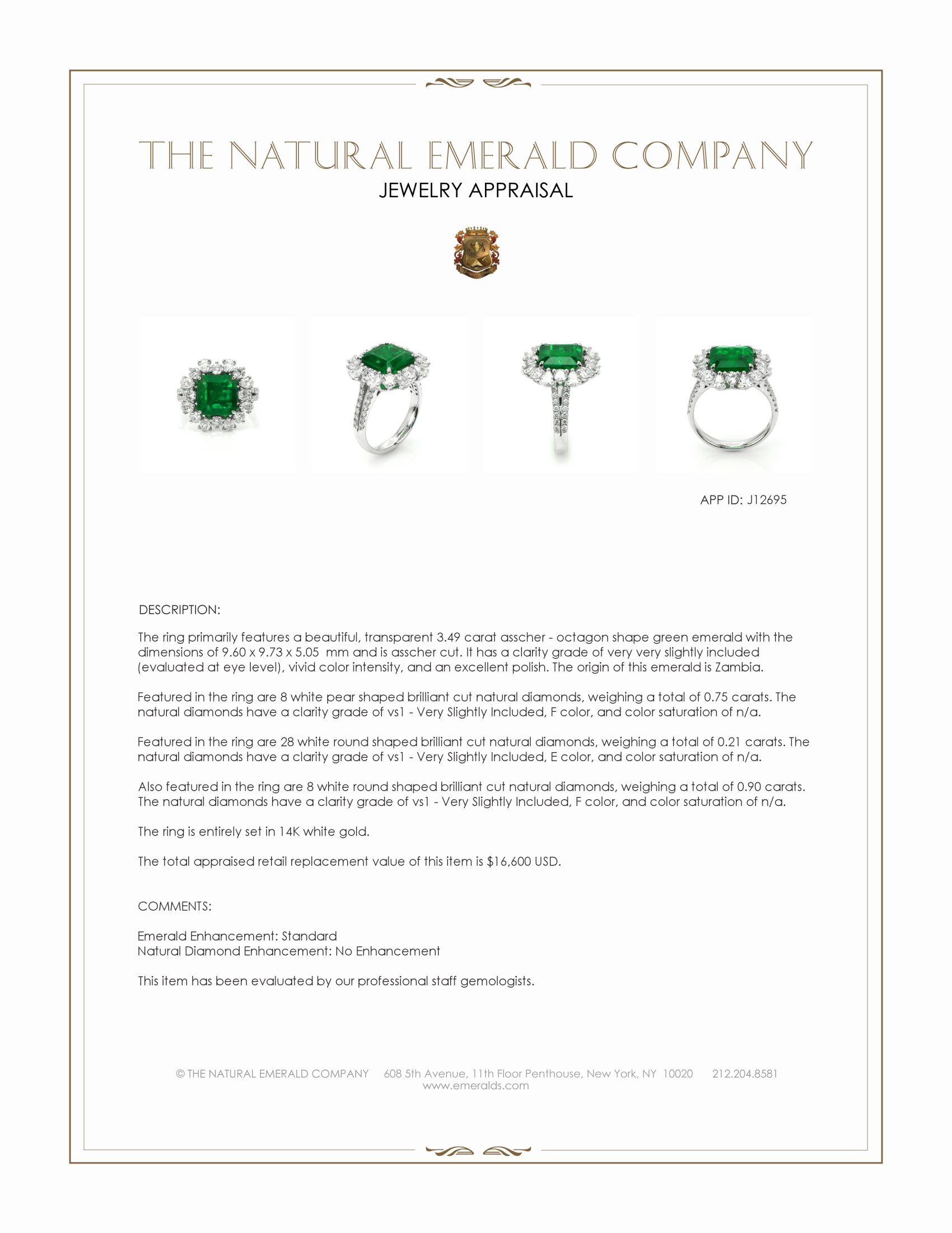 3.49 Ct. Emerald and Natural Diamond Pave Ring, 14K White Gold