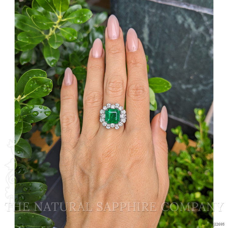 3.49 Ct. Emerald and Natural Diamond Pave Ring, 14K White Gold