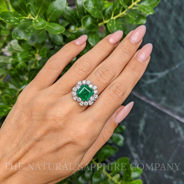3.49 Ct. Emerald and Natural Diamond Pave Ring, 14K White Gold