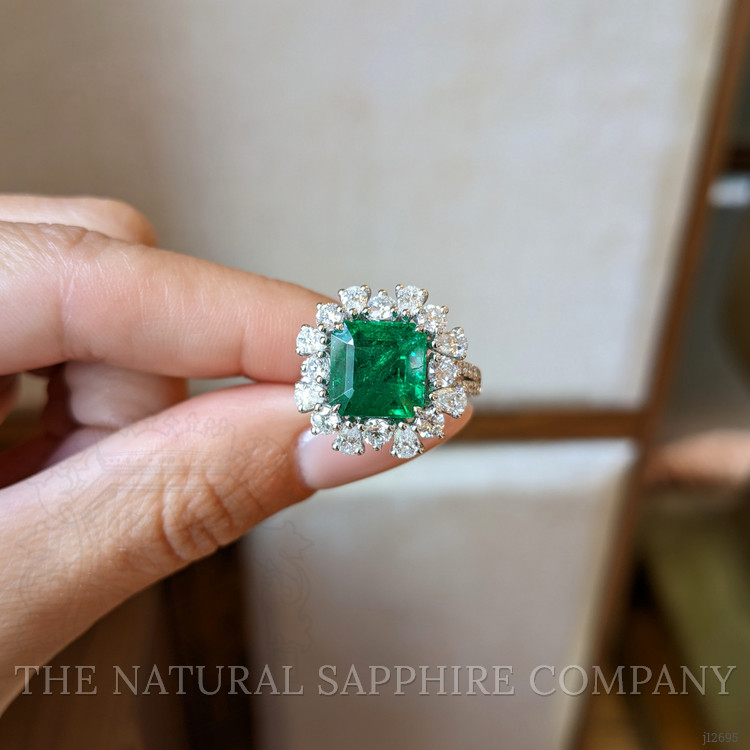 3.49 Ct. Emerald and Natural Diamond Pave Ring, 14K White Gold