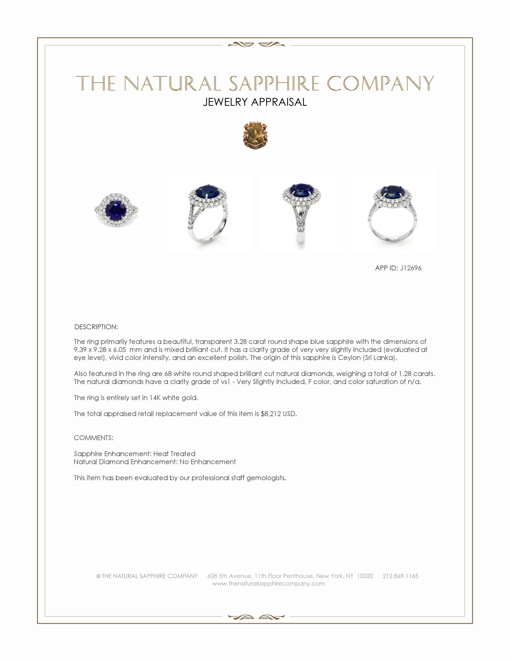 3.28 Ct. Blue Sapphire and Natural Diamond Pave Ring, 14K White Gold