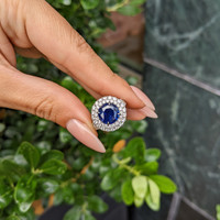 3.28 Ct. Blue Sapphire and Natural Diamond Pave Ring, 14K White Gold Life Style