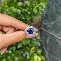 3.28 Ct. Blue Sapphire and Natural Diamond Pave Ring, 14K White Gold Life Style