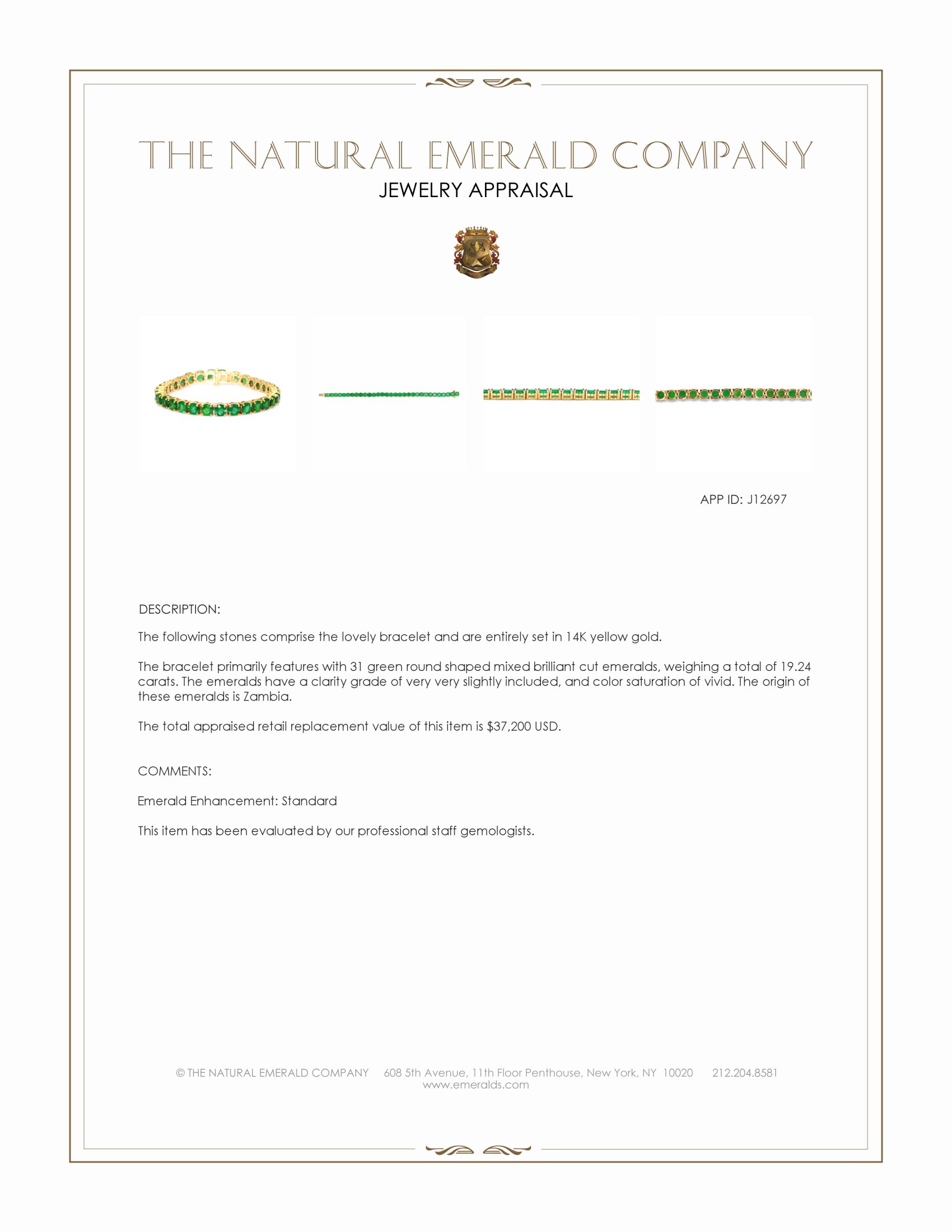 19.24 Ct.Tw. Emerald Tennis/Line Bracelet, 14K Yellow Gold