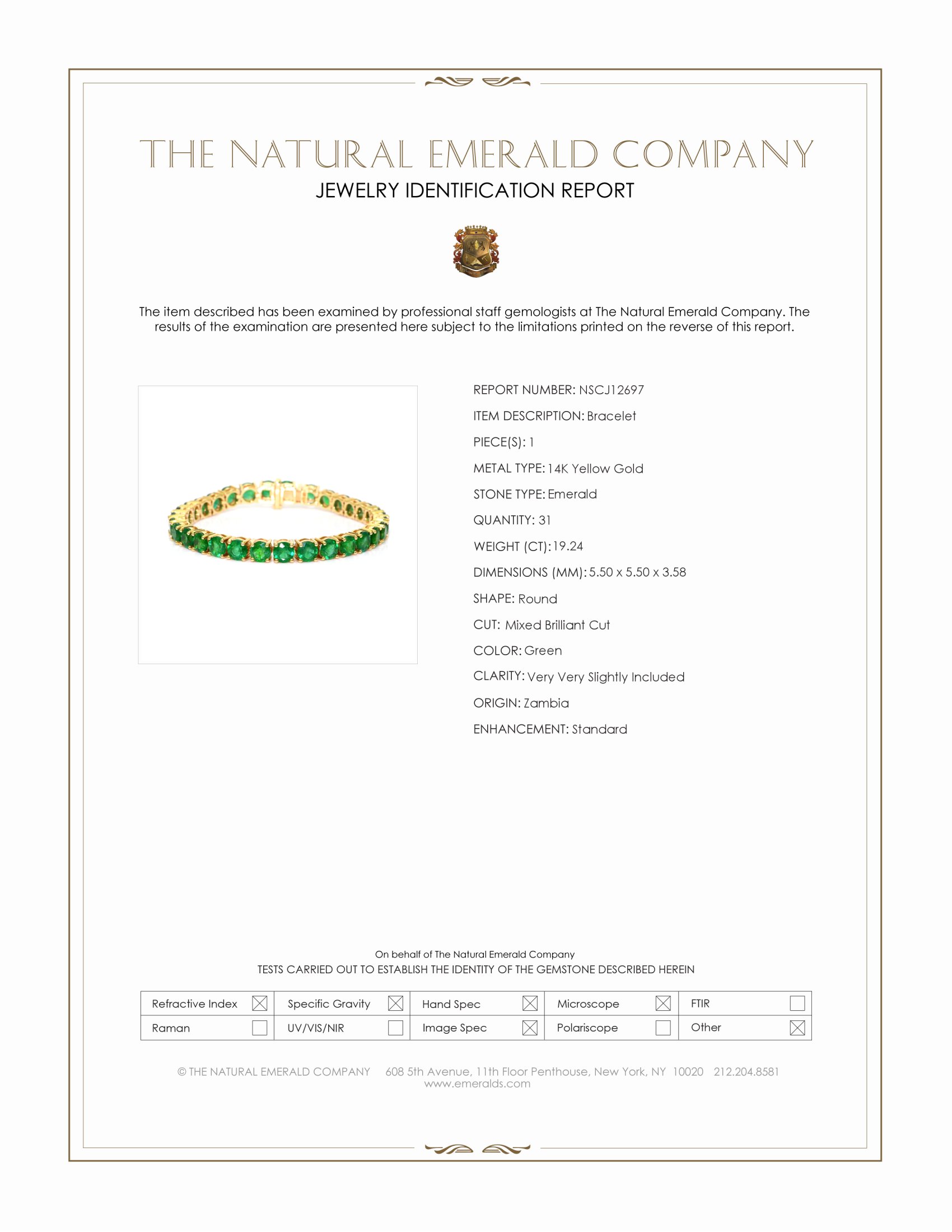 19.24 Ct.Tw. Emerald Tennis/Line Bracelet, 14K Yellow Gold