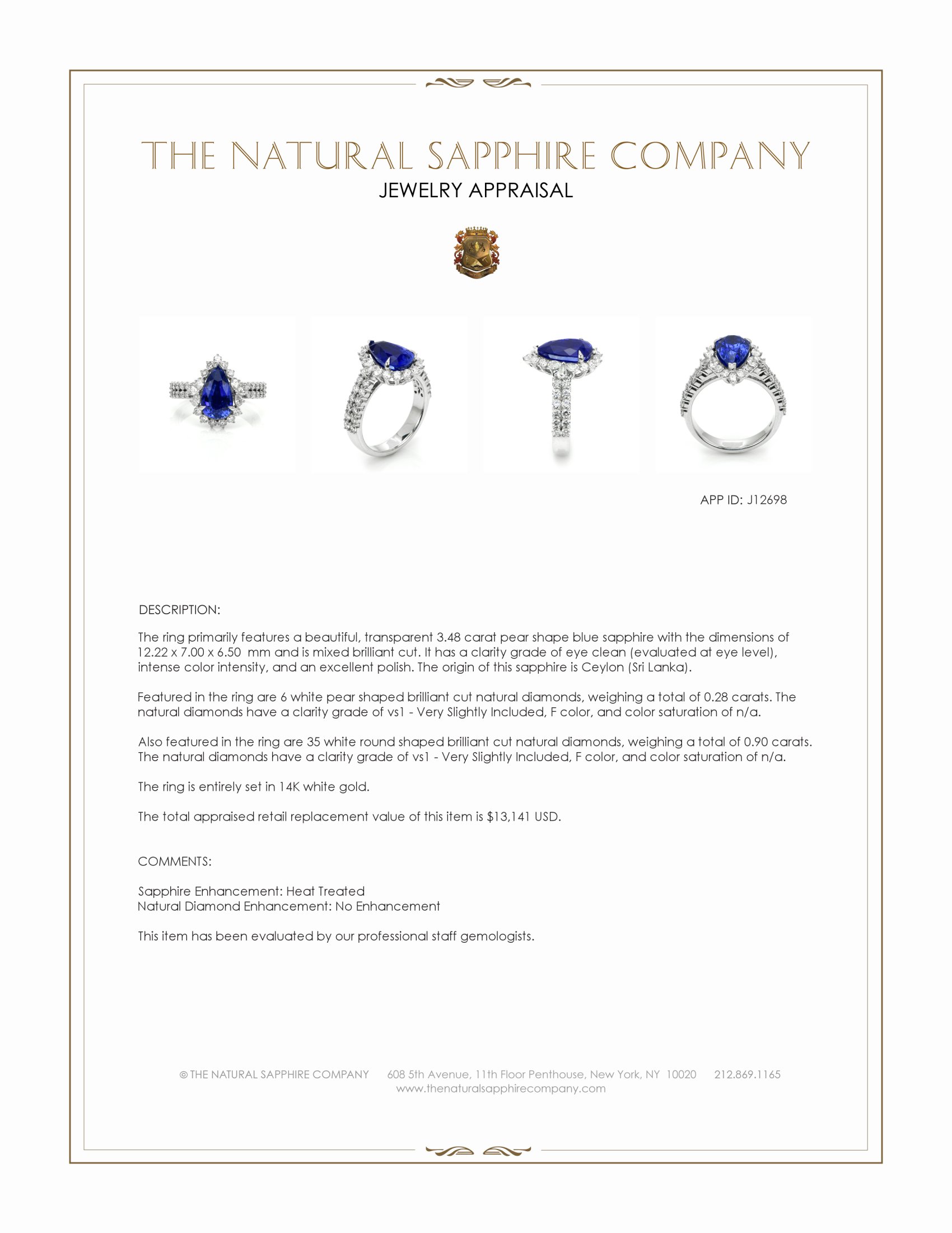 3.48 Ct. Blue Sapphire and Natural Diamond Pave Ring, 14K White Gold