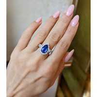 3.48 Ct. Blue Sapphire and Natural Diamond Pave Ring, 14K White Gold Life Style