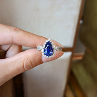 3.48 Ct. Blue Sapphire and Natural Diamond Pave Ring, 14K White Gold Life Style