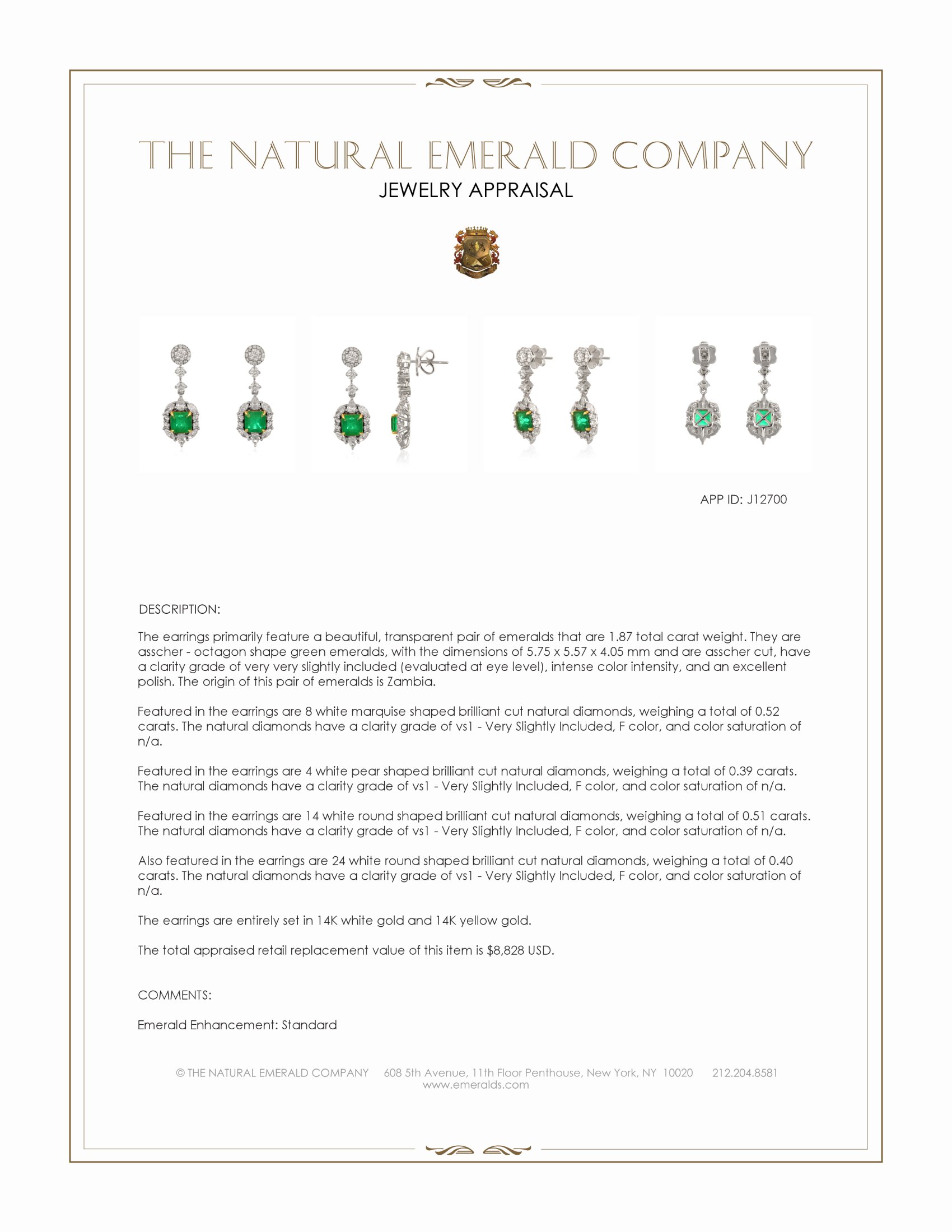 1.87 Ct.Tw. Emerald and Natural Diamond Pave Earrings, 14K White & Yellow