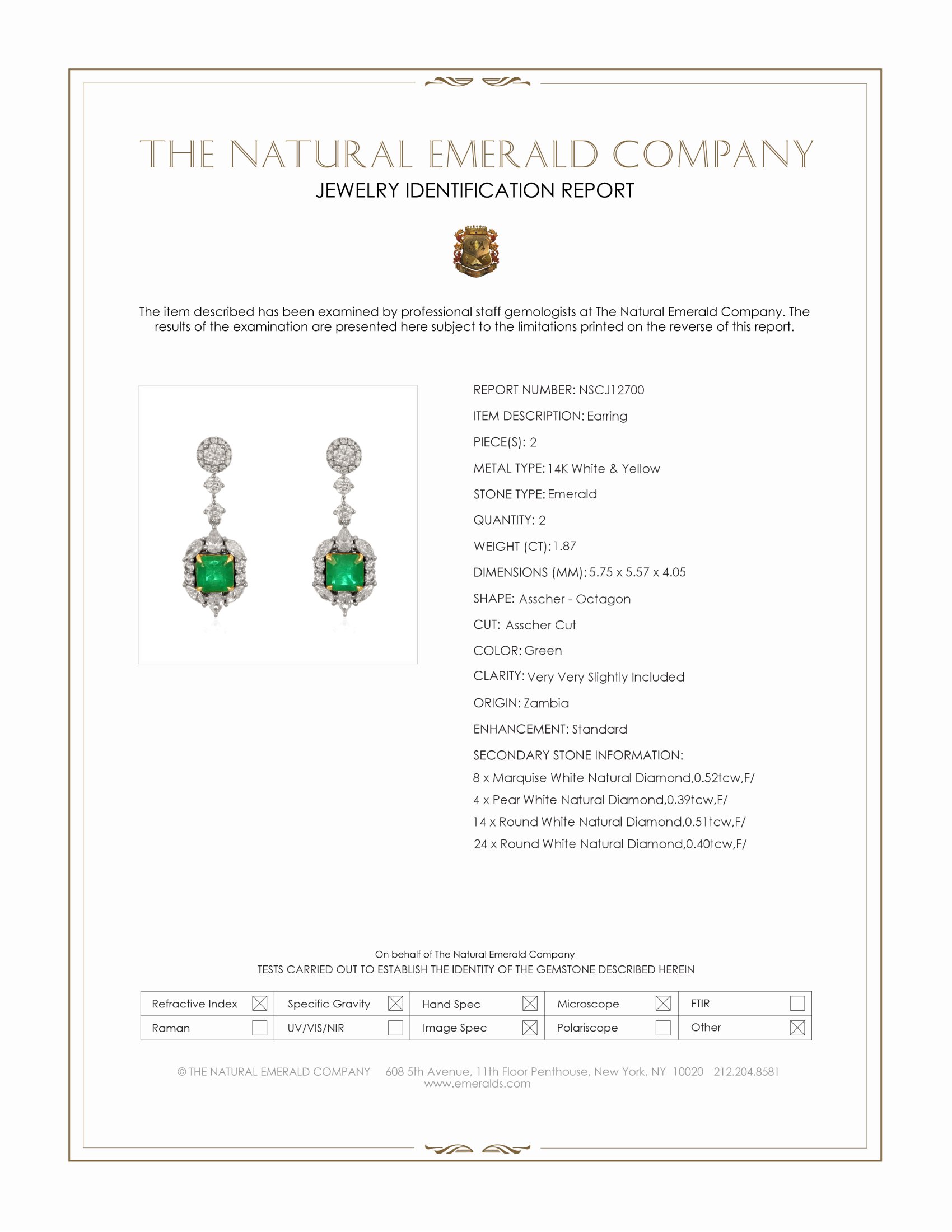1.87 Ct.Tw. Emerald and Natural Diamond Pave Earrings, 14K White & Yellow