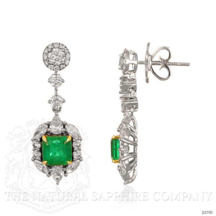 1.87 Ct.Tw. Emerald and Natural Diamond Pave Earrings, 14K White & Yellow