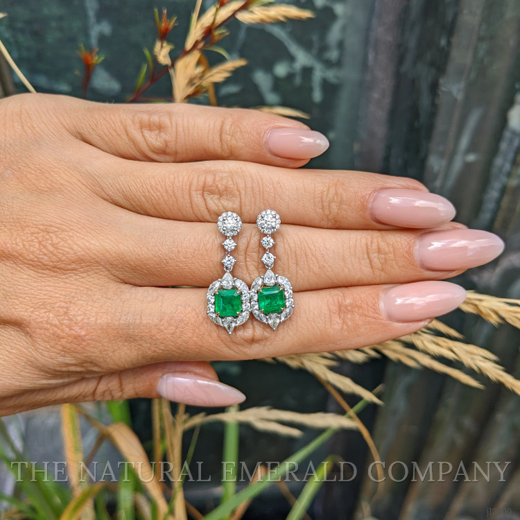 1.87 Ct.Tw. Emerald and Natural Diamond Pave Earrings, 14K White & Yellow