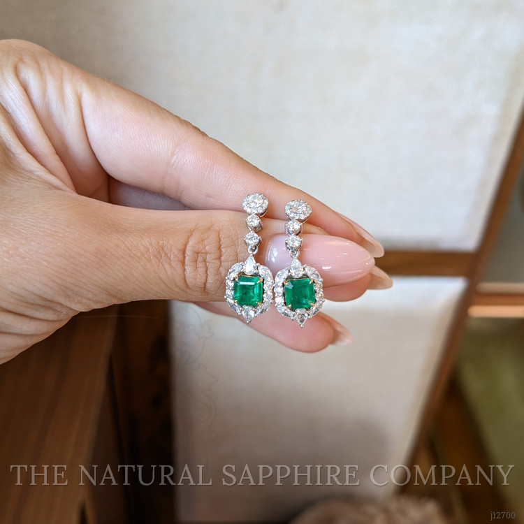 1.87 Ct.Tw. Emerald and Natural Diamond Pave Earrings, 14K White & Yellow