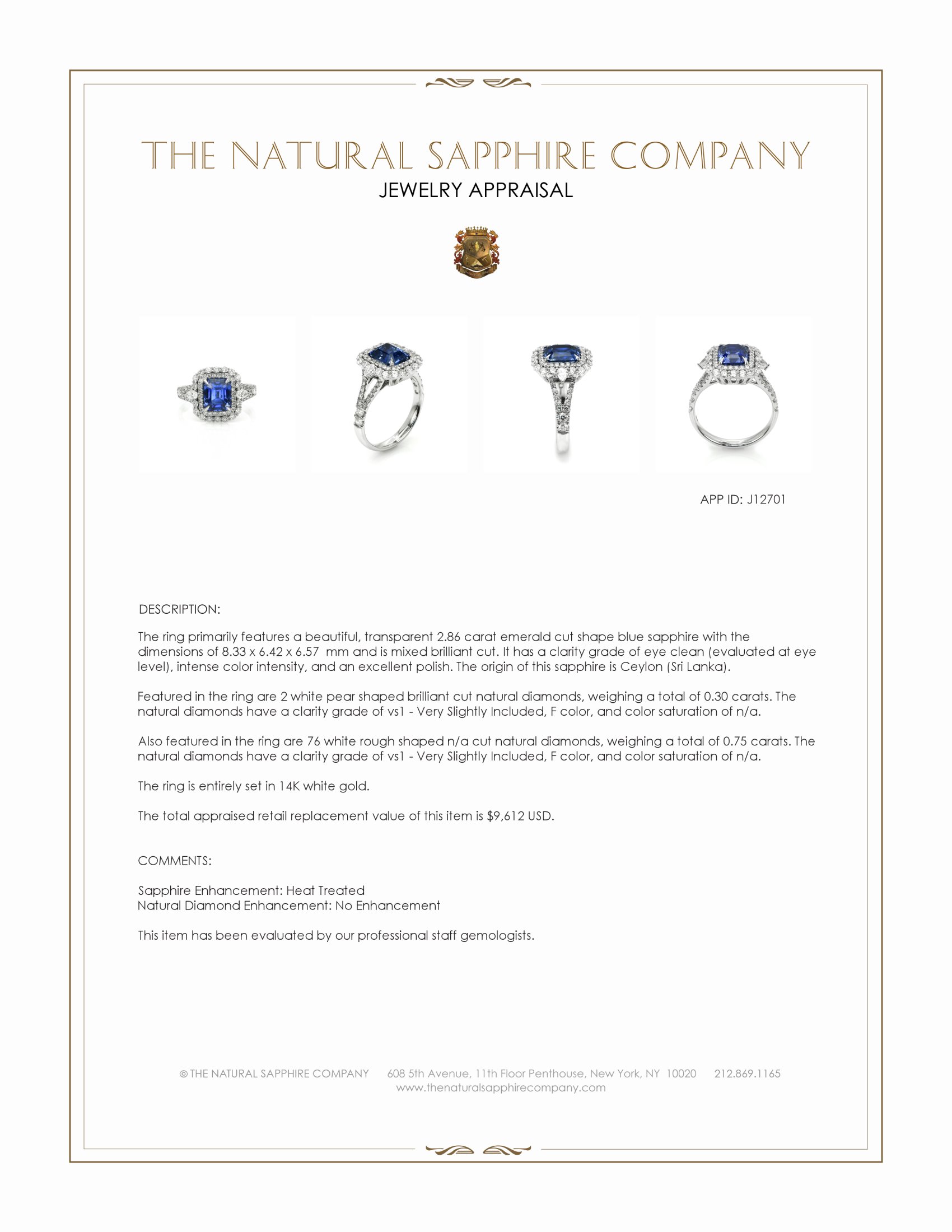 2.86 Ct. Blue Sapphire and Natural Diamond Pave Ring, 14K White Gold