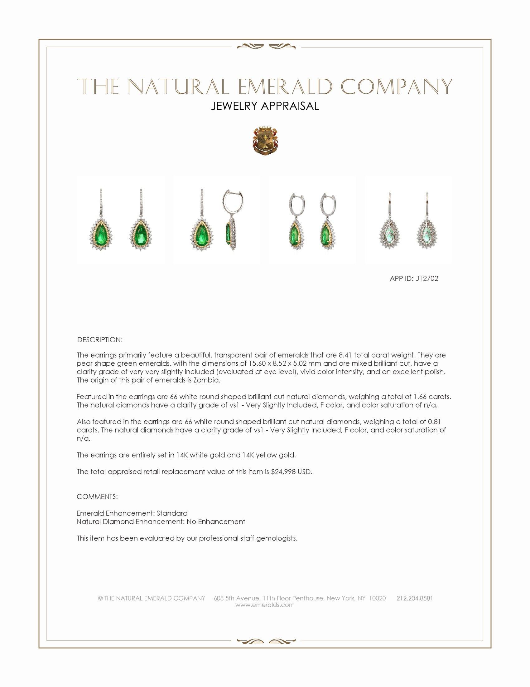 8.41 Ct.Tw. Emerald and Natural Diamond Pave Earrings, 14K White & Yellow