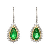 8.41 Ct.Tw.Total Carat Weight Emerald and Natural Diamond Pave Earrings, 14K White & Yellow Video