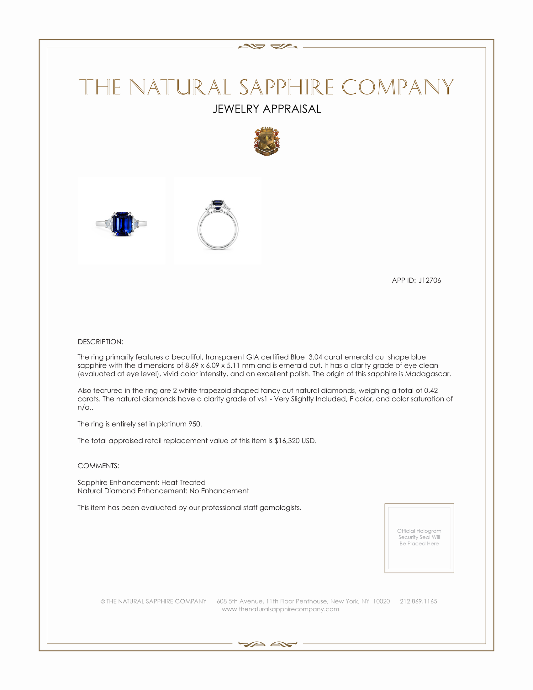 3.04 Ct. Blue Sapphire and Natural Diamond Three Stone Ring, Platinum 950