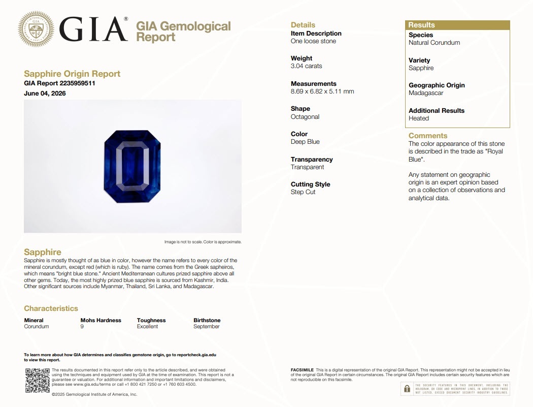 3.04 Ct. Blue Sapphire and Natural Diamond Three Stone Ring, Platinum 950