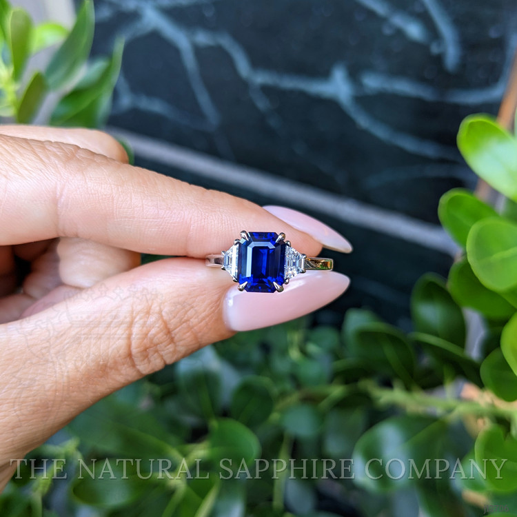 3.04 Ct. Blue Sapphire and Natural Diamond Three Stone Ring, Platinum 950