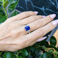 3.04 Ct. Blue Sapphire and Natural Diamond Three Stone Ring, Platinum 950 Life Style
