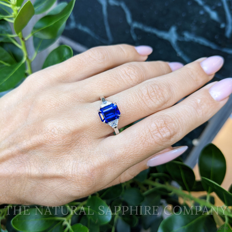 3.04 Ct. Blue Sapphire and Natural Diamond Three Stone Ring, Platinum 950