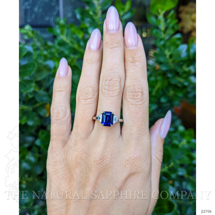 3.04 Ct. Blue Sapphire and Natural Diamond Three Stone Ring, Platinum 950