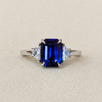 3.04 Ct. Blue Sapphire and Natural Diamond Three Stone Ring, Platinum 950 Life Style
